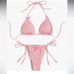 Barbie pink gingham bikini swimsuit plaid bow coquette milkmaid country bumpkin